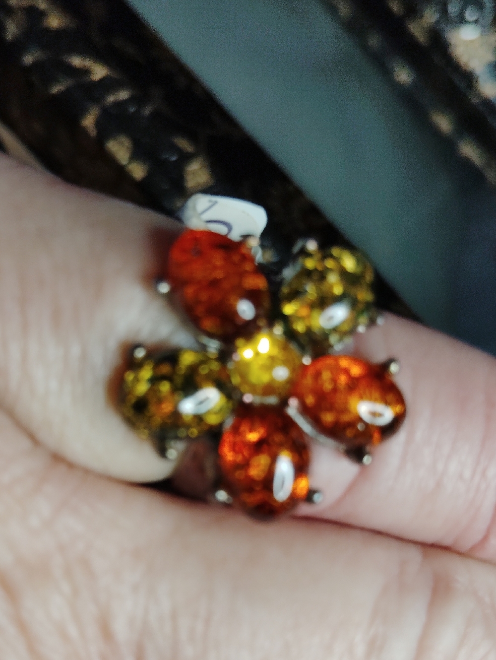 GORGEOUS BALTIC AMBER MULTI AMBER, FLOWERED STERLING RING. SIZE 6